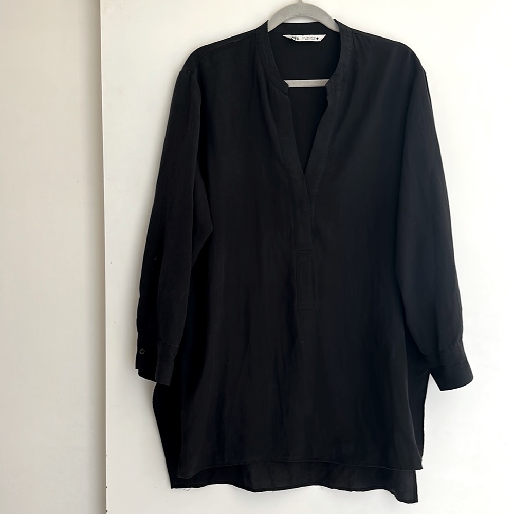Zara Lyocell Blouse with Side Vents Split V Neck Tunic Top Black Women’s Large